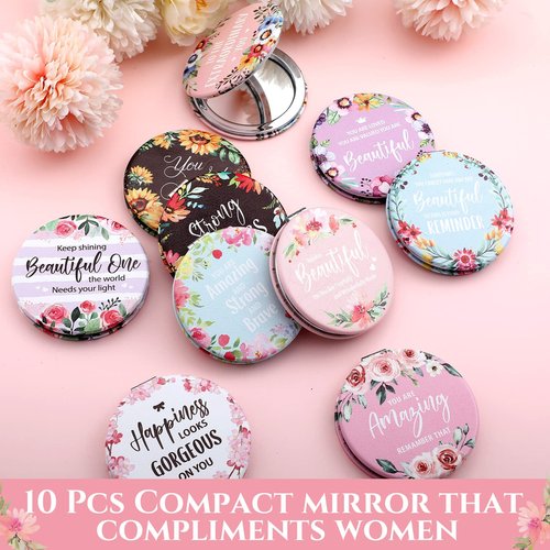 Panelee 10 Pcs Inspirational Compact Mirror Bulk Floral Pocket Purse Mirror Portable Travel Makeup Folding Handheld Double Sided 1x/2x Inspirational Gift for Women Girls
