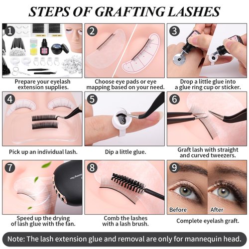 Eyelash Kit for Lash Extension, Lash Tech Supplies with Mannequin Practice Head, Lash Cluster, Lash Extension Glue, Eyelash Remover, Fan, Tweezers, Lash Training Tools Set for Beginners at Home