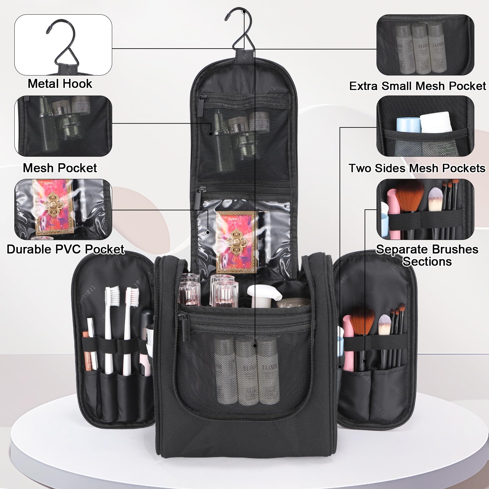 WIBKAE Hanging Toiletry Bag with Hook, Travel Cosmetic Makeup Bag Organizer for Accessories, Shampoo, Shaving Bag for Toiletries Accessories,Travel Essentials Kit (Black)