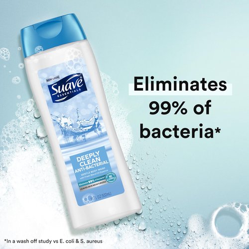 Suave Deeply Clean Antibacterial Body Wash with Glycerin & Vitamin E, Moisturizing Skin Cleanser For Soft, Smooth Skin, Long Lasting Scent, Paraben Free, 18 FL OZ, 6 Count
