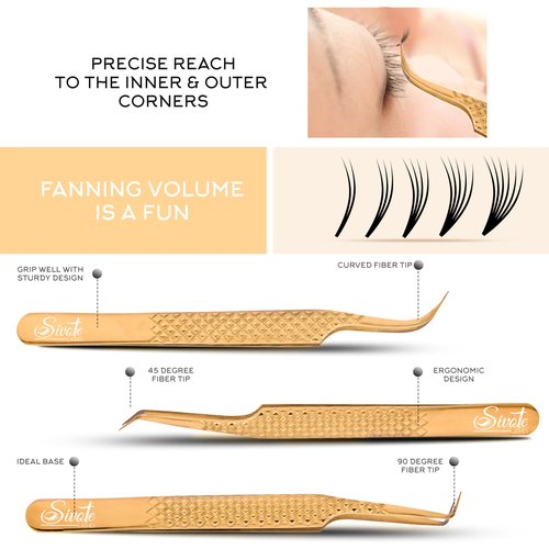SIVOTE Eyelash Extension Tweezers Fiber Tips Japanese Steel, Set of 6, Curved, Dolphin, 90 Degree 45 Degree, Volume Boot & Slight Curved Tweezer, Gold