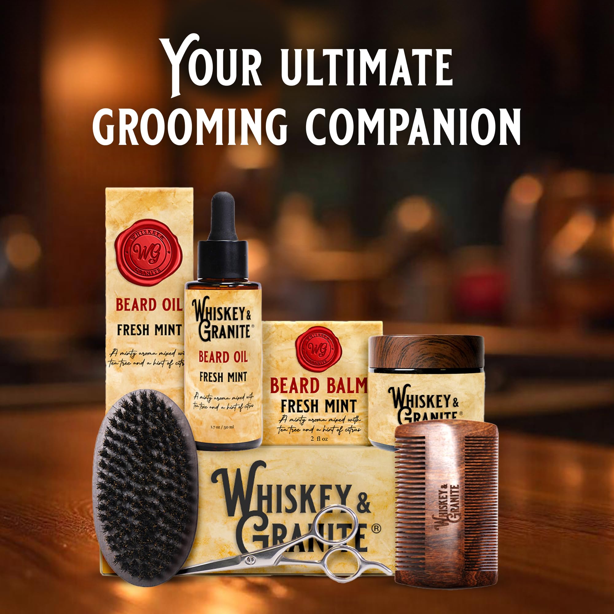 Whiskey & Granite Beard Kit for Men – 100% Natural Ingredients (Fresh Mint). Includes beard oil and balm, comb, brush, and scissors.