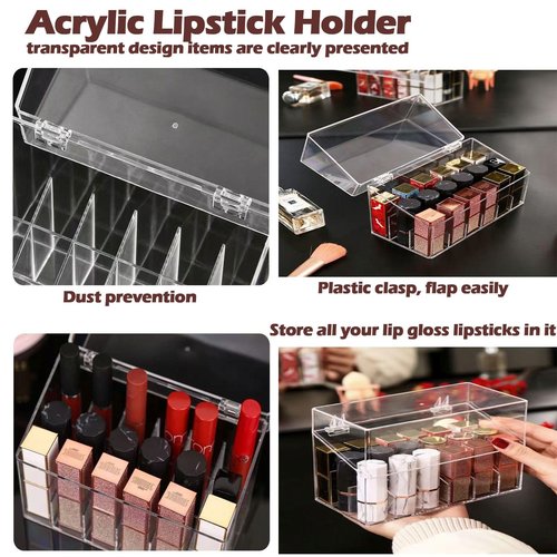 PINGANBUSU Lipstick Holder Display Case, 18 Slots Acrylic Organizer with Dust Cover, Lip Gloss Holder and Case for Vanity or Drawer, Cosmetic Display and Lipstick Storage Organizer