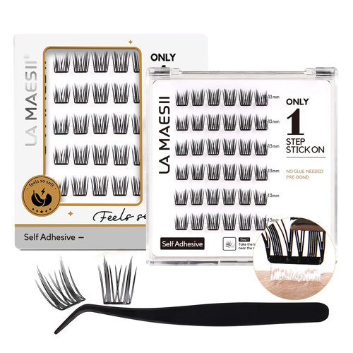 LA MAESII Self Adhesive Lash Clusters, Press-On Lashes No Glue Needed Pre Glued Eyelash Clusters Wispy Cluster Lashes, C Curl Individual Lash Kit, ULTRA-THIN&LIGHT Reusable No Residue(SA04)