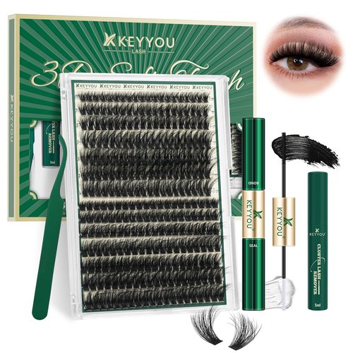 KEYYOU LASH 3D Effect lash Clusters Kit 80D100D 280pcs Eyelash Clusters Kit D Curl Individual Lashes Kit Wispy Lash Extensions Kit with Waterproof Lash Bond and Seal Tweezers (Lash Kit-8-16MIX)