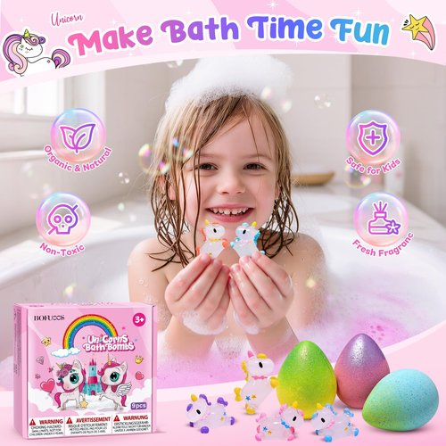 Bofuoos Unicorn Bath Bombs with Surprise Toys Inside, Birthday Valentines Day Gifts for Girls, 9 Packs Bubble Bath Bomb for Kids Girls, Easter Basket Stuffers (36+ Months)