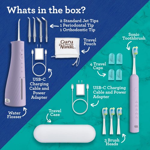 GuruNanda Lion & Lamb Kit 2.0, Electric Toothbrush with Water Flosser Combo, 4 Jet Tips, 4 Brush Heads, & IPX7 Waterproof Design for Complete Oral Care, Lavender