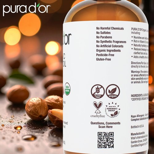 PURA D'OR 16.9 Oz Organic Jojoba Oil (GLASS BOTTLE) USDA Certified - 100% Pure & Natural Moisturizer - Cold Pressed, Unrefined, Hexane Free Base Carrier Oil For DIY Skin Care, Hair, Face & Nails
