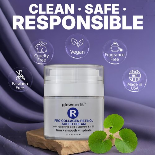 Glowmedik Pro-Collagen Retinol Super Cream w/Hyaluronic Acid, Vitamin E & Aloe | Anti Aging Facial Moisturizer for Fine Lines, Uneven Tone & Dry Skin | Retinol Face Cream women and men 50ml 1 fl oz