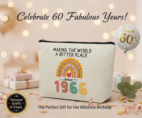 DMZIY 60th Birthday Gifts for Women, Funny 1966 Makeup Bags 60th Birthday Decorations for Her, 60 Year Old Gift Ideas for Mom, Wife, Sister, Grandma, Mothers Day Cosmetic Travel Bag (Rainbow-1966)