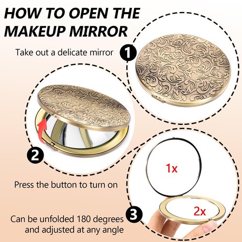 EYIWEITING Oval Mini Portable Metal Folding Mirror, Beautiful and Elegant, Sturdy and Durable, 1X/2X Magnifier. (Oval Pattern Bronze)
