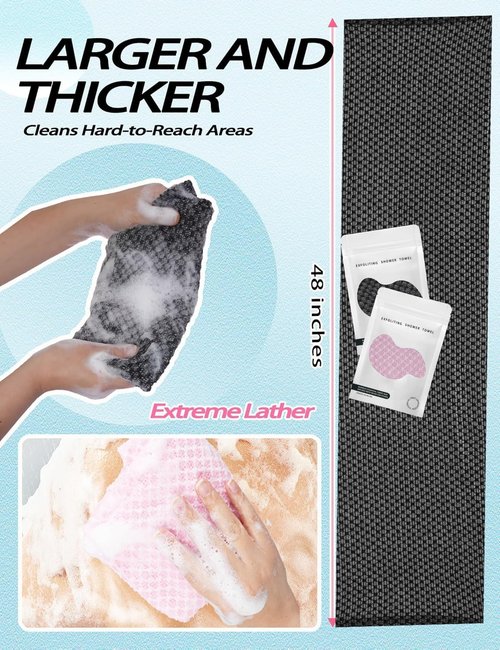 Exfoliating Shower Towel 48",Premium Scrub Wash Cloth for Body Face, Exfoliating Washcloth for Men and Woman (Black1)