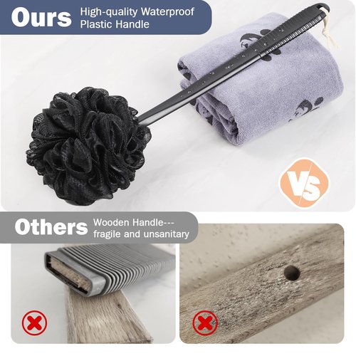 ROLIZOE Non-Slip Back Scrubber with 17" Plastic Handle - Hand Shower Loofah & Loofah on a Stick Set, Black