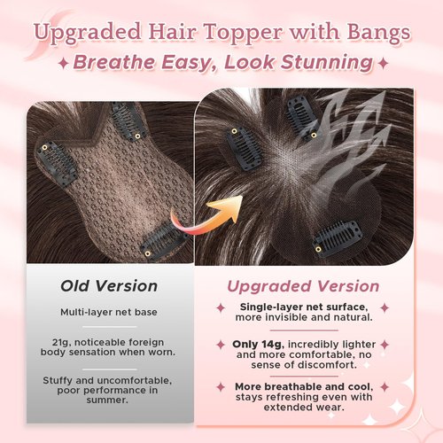 SEGOHAIR Hair Toppers for Women Real Human Hair with Bangs 360°Cover 3D Clips 2.76"x4.33" Breathable Lace Base 11 Inches Lightweight Hairpieces Curtain Bangs Dark Brown