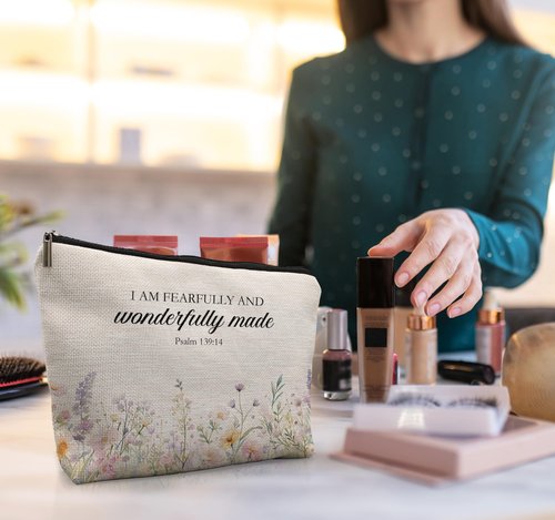 uinwk Inspirational Christian Makeup Cosmetic Bag - Christian Gifts for Women Faith, Fearfully and Wonderfully Made Bible Scripture Gifts Cosmetic Bag for Women, Floral Small Makeup Bag for Purse