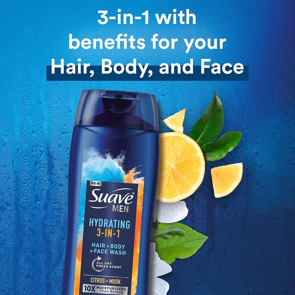 Suave 3-in-1 Moisturizing Body, Face & Hair Wash - Hydrating Citrus & Musk Scent, 18 Oz | Pack of 6