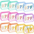 Kacctyen 12 Pcs Spf Clear Makeup Bags Bulk Waterproof Sunscreen Pouch Beach Pool Bag Chenille Letter Patch PVC Preppy Travel Toiletry Cosmetic Zipper Organizer for Women Girls Summer Vacation Gifts