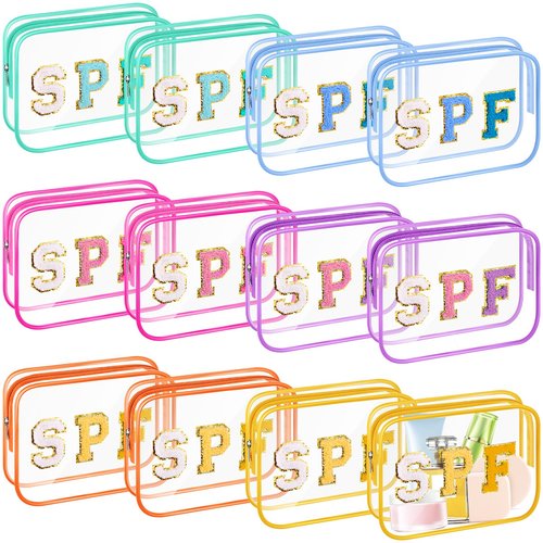 Kacctyen 12 Pcs Spf Clear Makeup Bags Bulk Waterproof Sunscreen Pouch Beach Pool Bag Chenille Letter Patch PVC Preppy Travel Toiletry Cosmetic Zipper Organizer for Women Girls Summer Vacation Gifts