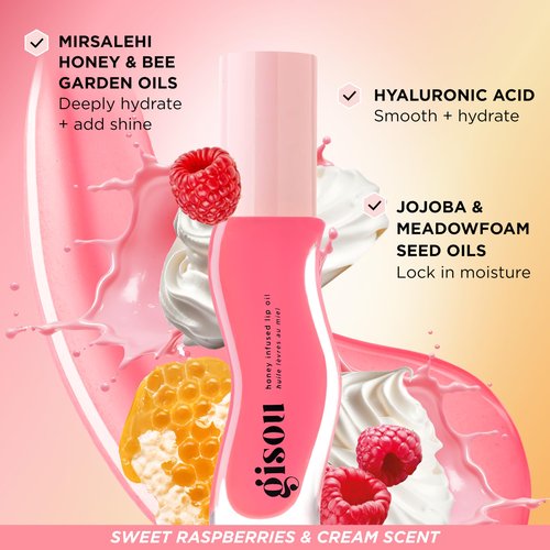 Gisou Honey Infused Hydrating Lip Oil, Nourishing Lip Moisturizer for Dry Lips (Raspberry Swirl)