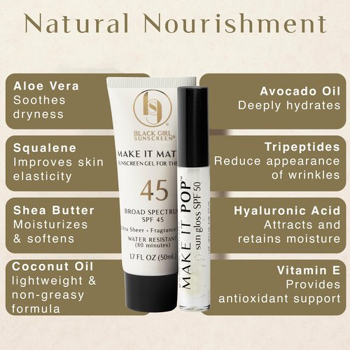 BLACK GIRL SUNSCREEN Make It Matte Spf 45 & Make It Pop Sungloss - Sun Protection For Face & Skin, Spf 50 Lip Gloss, Travel Size, Wear Under Makeup, No White Cast For Melanin Rich Skin - 2 Pack
