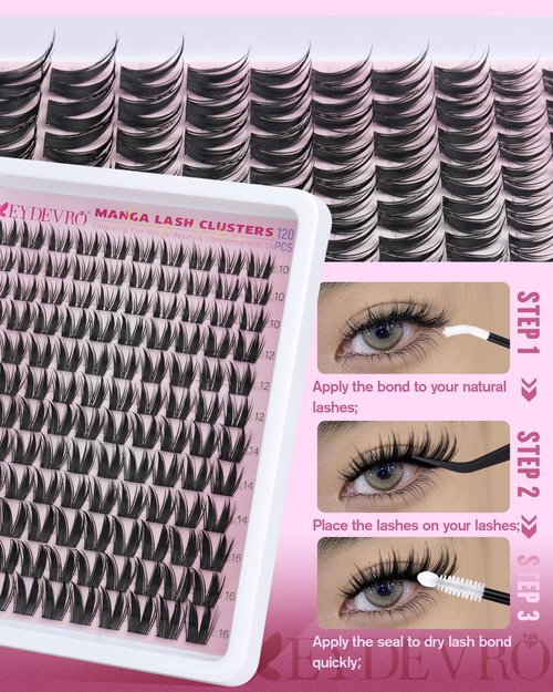 EYDEVRO Manga Lash Clusters Kit Fairy Eyelash Clusters Kit Wet Look Anime Cluster Eyelash Extensions Kit 10-16mm Natural Wispy DIY Lash Extension Kit Waterproof Lash Bond and Seal Tweezers Brush