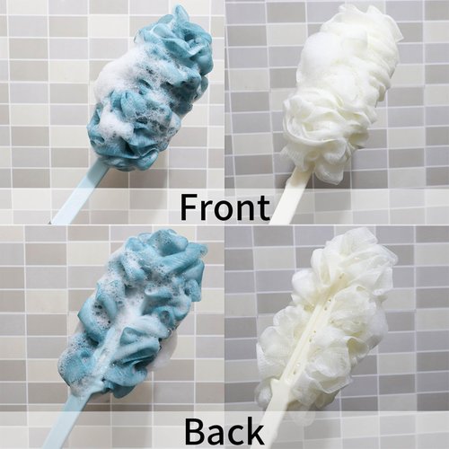 2Pack Back Scrubber for Shower, Loofah with Handle, Back Loofah Non-Slip Handle, Bath Body Brush, Scrub Cleaning Brush for Shower, Soft Mesh Sponge On a Stick for Men Women Elderly (Blue and White)