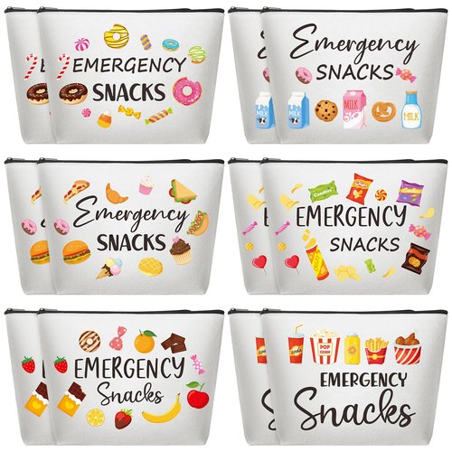 Reginary 12 Pcs Emergency Snack Bags Bulk Food Makeup Bag Foodie Zipper Cosmetic Pouch Reusable Emergency Snack Pouch for Women Girls Trip Gifts Favors School Work Travel Organizer