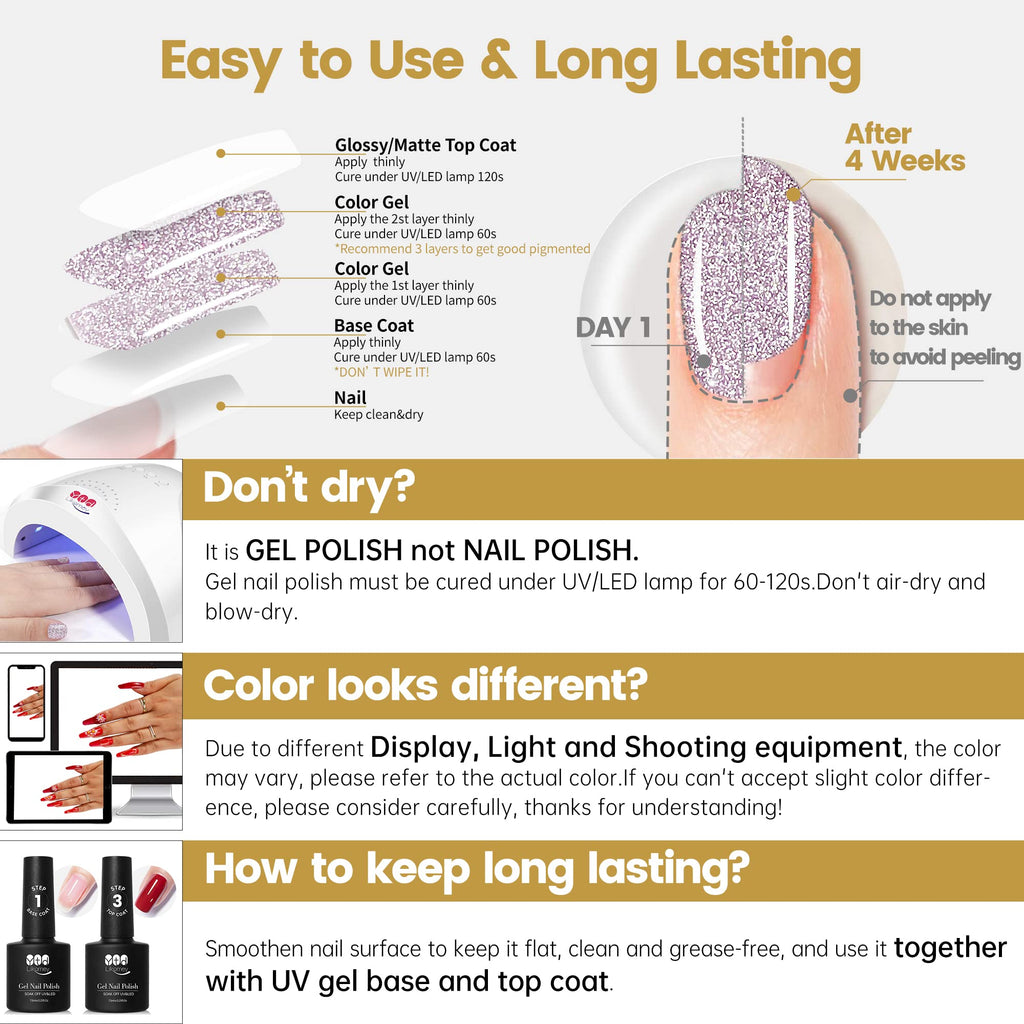 YTD Likomey Reflective Glitter Gel Nail Polish with Base Coat and Top Coat Set,Fall Winter Falsh 6 Colors Shimmer Black Silver Pink Blue Red Gold Diamond Sparkle UV Color Varnish Kit,8 Pcs 7.5 ml