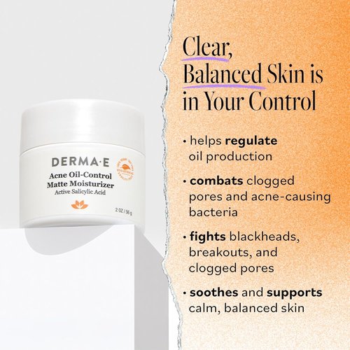 Derma E Acne Oil Control Face Moisturizer - Matte Cream with Salicylic Acid & Tea Tree Oil | 2 Oz