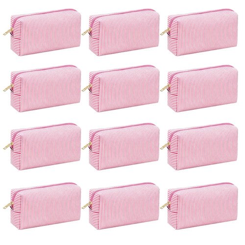 12 PACK Makeup Bags-Bulk Seersucker Cosmetic Bag for Women Bridesmaid Gifts Makeup Pouch for Wedding Party Favors Bachelorette Party Decorations Travel Toiletry Organizer Mon Teacher Gift(12, Pink)