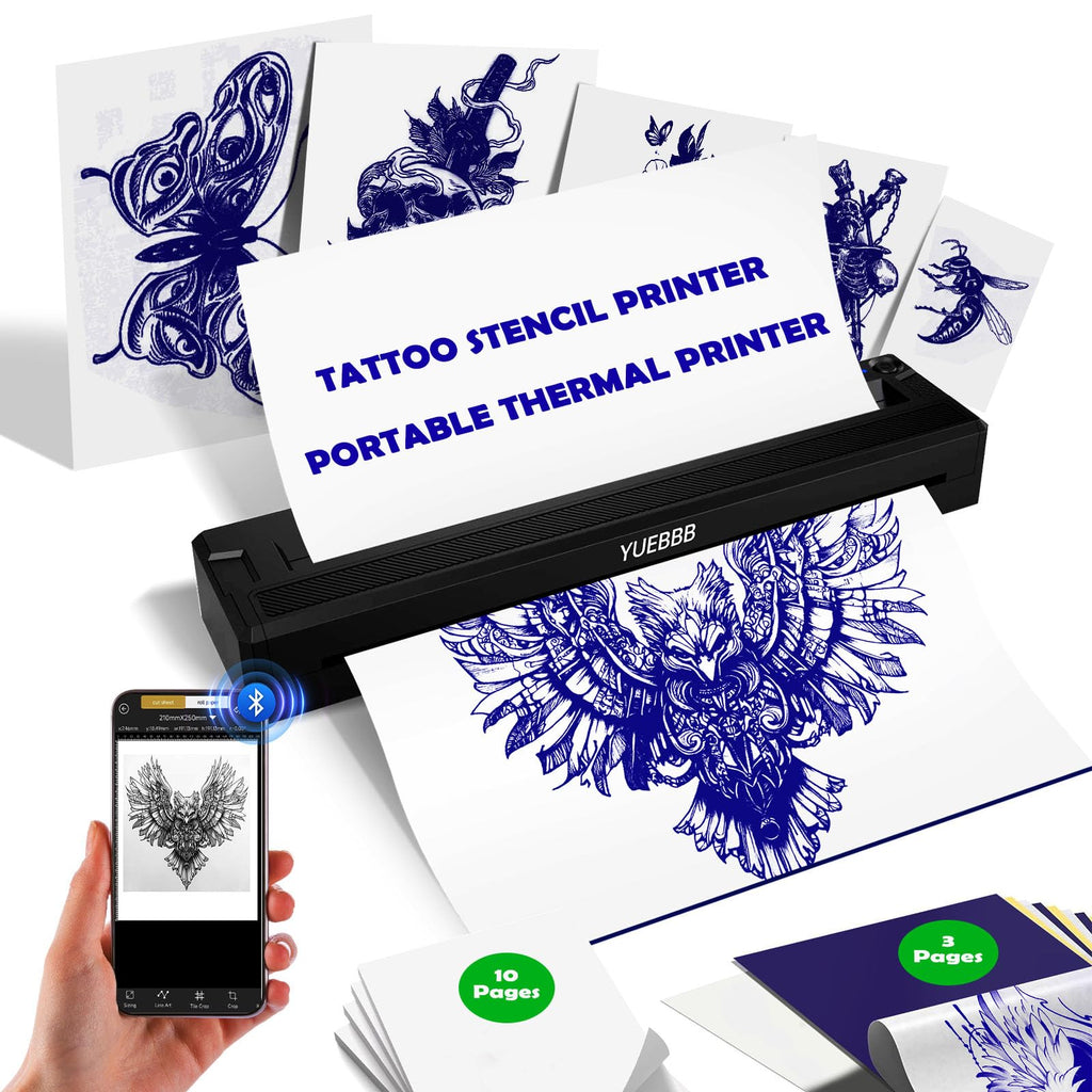 YUEBBB Tattoo Stencil Printer, Portable Printer, Wireless-Bluetooth-Thermal Tattoo Transfer Machine with 10pcs Thermal Papers & 3pcs Transfer Papers, Support Mobile & PC