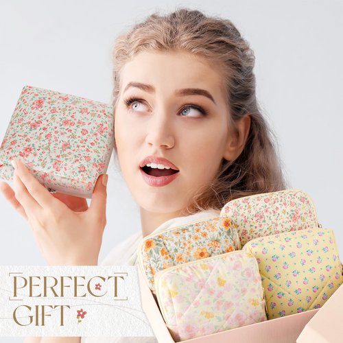 Paterr 4 Pcs Mini Quilted Floral Makeup Bag Women Gifts Small Cosmetic Bag Floral Quilted Makeup Pouch with Zipper Cute Travel Toiletry for Mom Teacher Women Girls Gifts(Pink, Orange Flower)