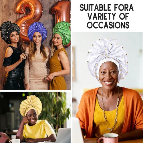 Nigerian headwear African headscarf,Auto Gele headband,hand wrap beaded - made for weddings parties events (White)