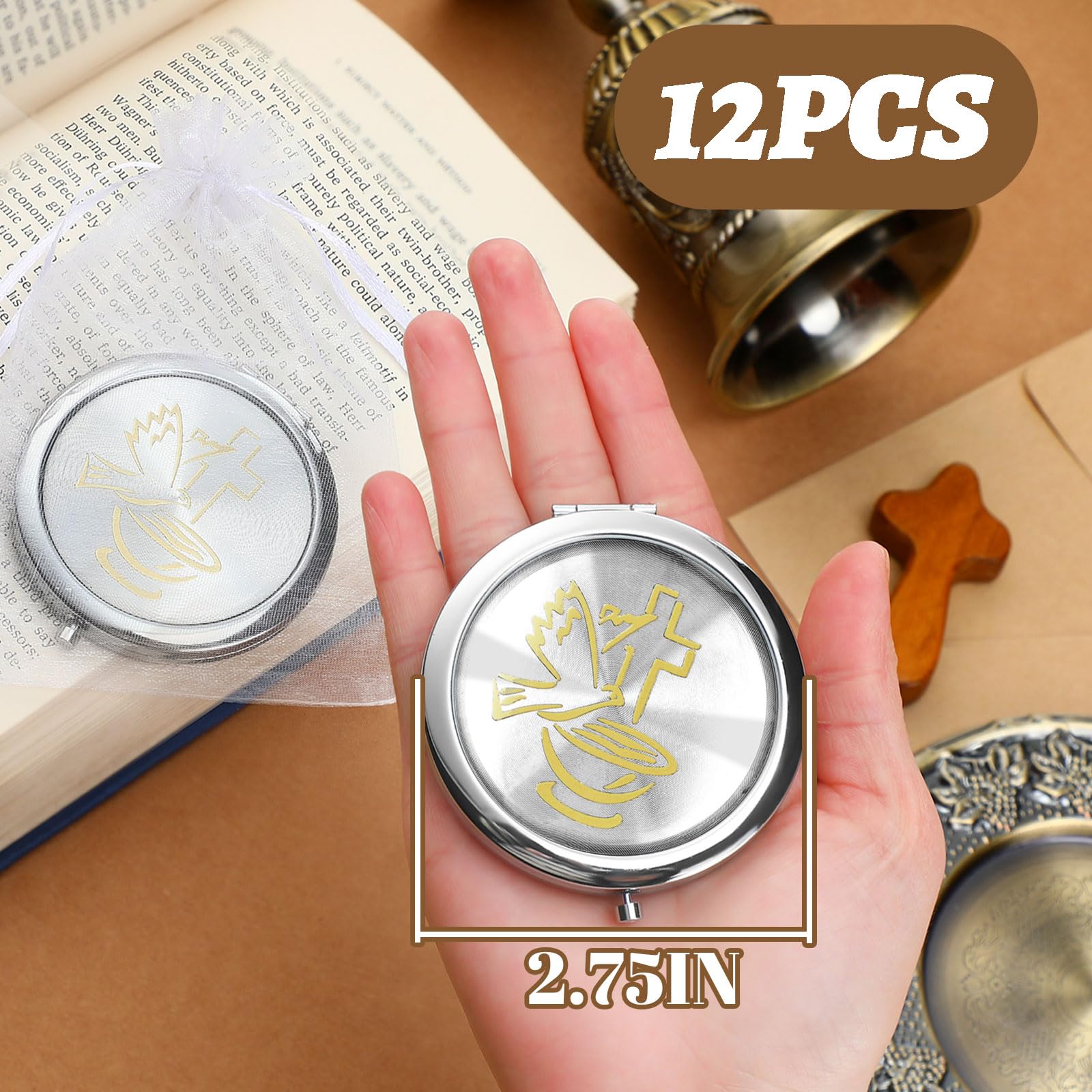 Yerliker 24 Pcs Baptism Favor Set, Compact Mirro Religious Baptism Gift for Guests 12 Pcs Mirror with Organza Bags Christening Holy Spirit Dove Primera Comunion Bautizo Recuerdos for Guests(Simple)