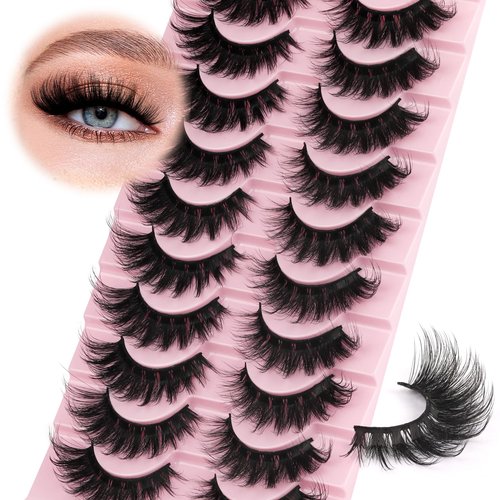 Ahrikiss Lashes Fluffy Cat Eye Lashes 5D Volume False Eyelashes That Look Like Extensions 10 Pairs Soft Wispy Fake Eyelashes Faux Mink Lashes (D18)