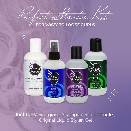 Curl Keeper Loose Curl Starter Kit - Travel Size Set for Wavy Hair | Original Liquid Styler, Energizing Shampoo, Slip Detangler & Hold Gel for Maximum Curl Definition