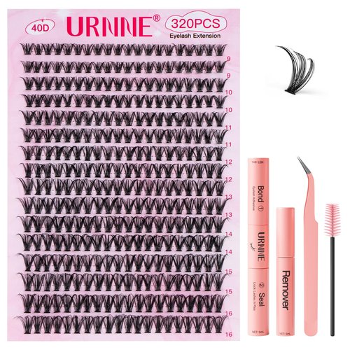 URNNE Lash Extension Kit, 320Pcs Lash Clusters, 40D Lash Clusters Kit, 9-16 mm Individual Cluster Eyelash Extensions with Lash Bond and Seal, Remover, Lash Tweezer DIY Lash Extensions at Home