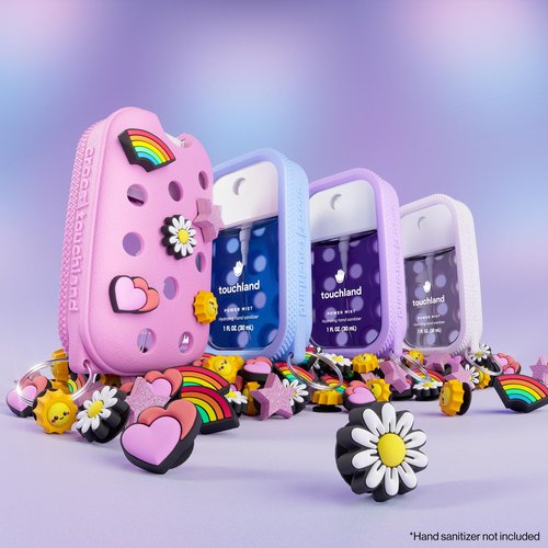 Touchland x Crocs Special Edition Mist Case 1 Fl. OZ., Stylish Hand Sanitizer Spray Accessory, with 5 JibbitzTM Charms and Keyring, Pixie Lavender Color