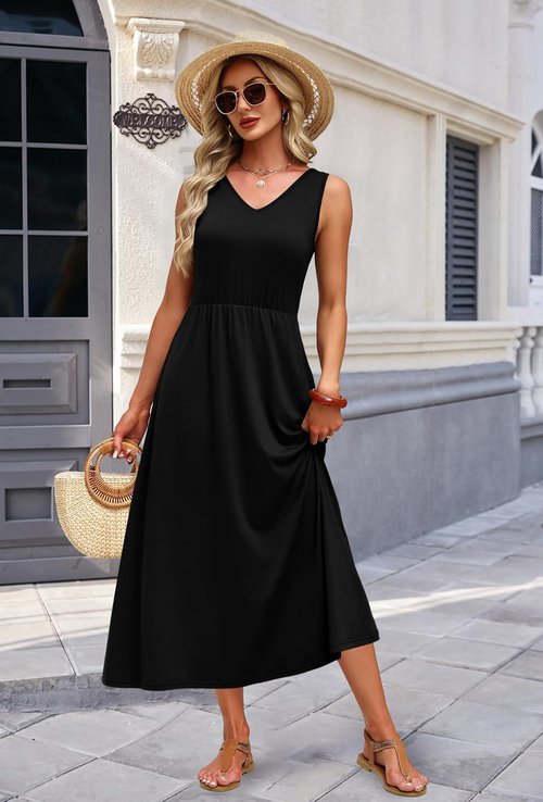 OFEEFAN Summer Dresses for Women - Flowy Casual Midi Dress with Pockets | V-Neck Beach Vacation Style