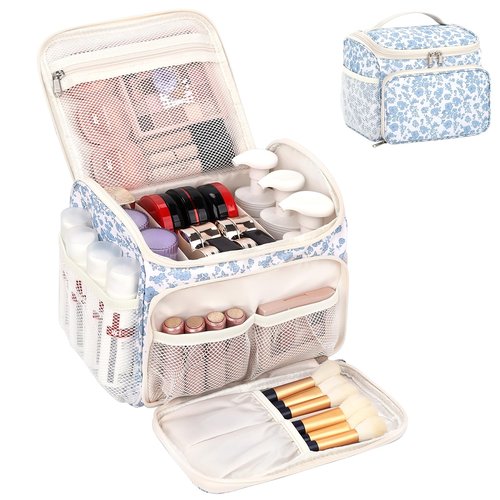 CUBETASTIC Makeup Bag Large, Floral Travel Make Up Case for Women with Removable Partitions & Multi-Pockets, Vertical Storage Cosmetic Pouch & Toiletry Bag (Floral Blue, Large)
