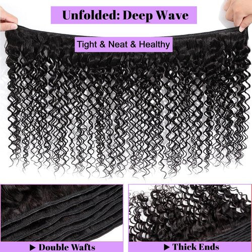 Deep Wave Human Hair Bundles 24 Inch Deep Wave Bundles 100% Unprocessed Brazilian Virgin Hair 1 Bundle Curly Bundles Hair Extensions Real Human Hair Wavy Quick Weave Bundle Natural Black