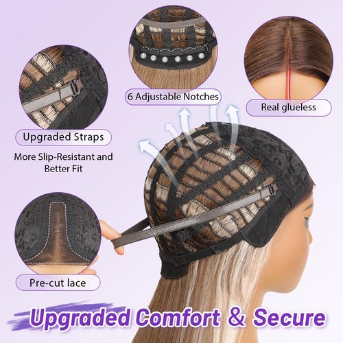 Eawwii Ombre Light Brown With Blonde Glueless Wigs for Women Pre Cut Synthetic Lace Hairline Long Layered Straight Hairstyle 26 Inch