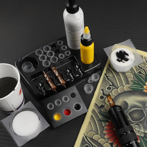 RHEIN 18 Tattoo Dip Foam Cup 2 Ink Cup Holders 12 Ink Tray Cleaning Needles Tip Tattoo Cleaning Supplies Disposable Professional