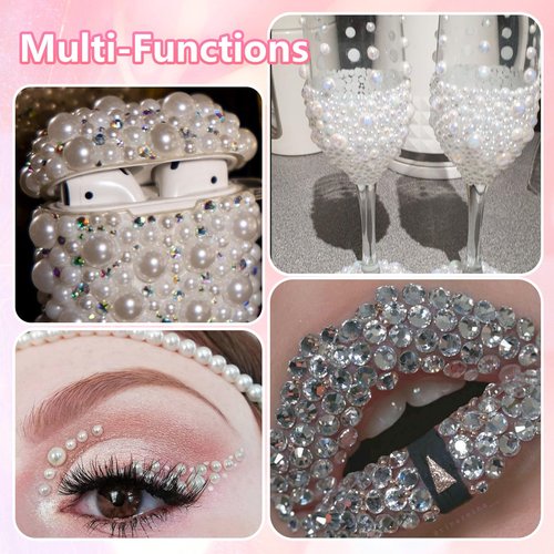 Pearls and Resin Rhinestones for Crafting, 28 Grids White Bedazzling Gems Kit 3/4/6/8mm Half Pearls, 3/4/5/6mm Jelly Resin Rhinestones for Nails Face Eyes Makeup Crafts