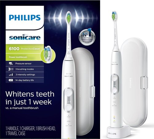 Philips Sonicare Rechargeable Electric Toothbrush - Pressure Sensor, 3 Modes, Travel Case | White HX6877/21