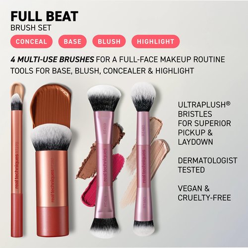 Real Techniques Full Beat Makeup Brush Set, 4 Piece Brush Kit for Foundation, Concealer, Blush, Contour, Highlight & Powder Blending, Travel Set, Soft UltraPlush Bristles, Cruelty-Free