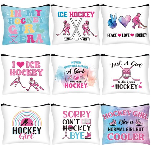 Clysee 9 Pcs Hockey Gifts Makeup Bag for Women Hockey Lovers Players Cosmetic Bags with Zipper Bulk Team Gifts Travel Pouch for Women Mom Athletics Birthday