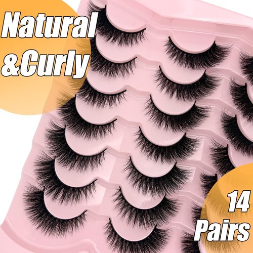 loladook Cat Eye Lashes Natural Look Short Fluffy 16mm Faux Mink Full Strip Lashes Pack 3D C Curl Volume Fox Eye False Eyelashes 14 Pairs