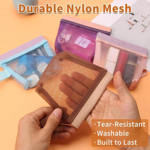 Mini Zipper-Free Pouches, Small Quick-Open Mesh Bags for Makeup Lipsticks Cards, Clear Purse Organizer Daily Essentials Storage Bags, Small Auto-Close Pouches (Pink&Light Blue&Dark Purple&Coffe Brown)