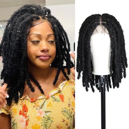 lounoke 18 inch Criss Cross Thick Butterfly Locs Wig Full Double Lace Knotless Popcorn Twist Locs Braided Wig for Women 3D Pop Butterfly Loc Twist Braids